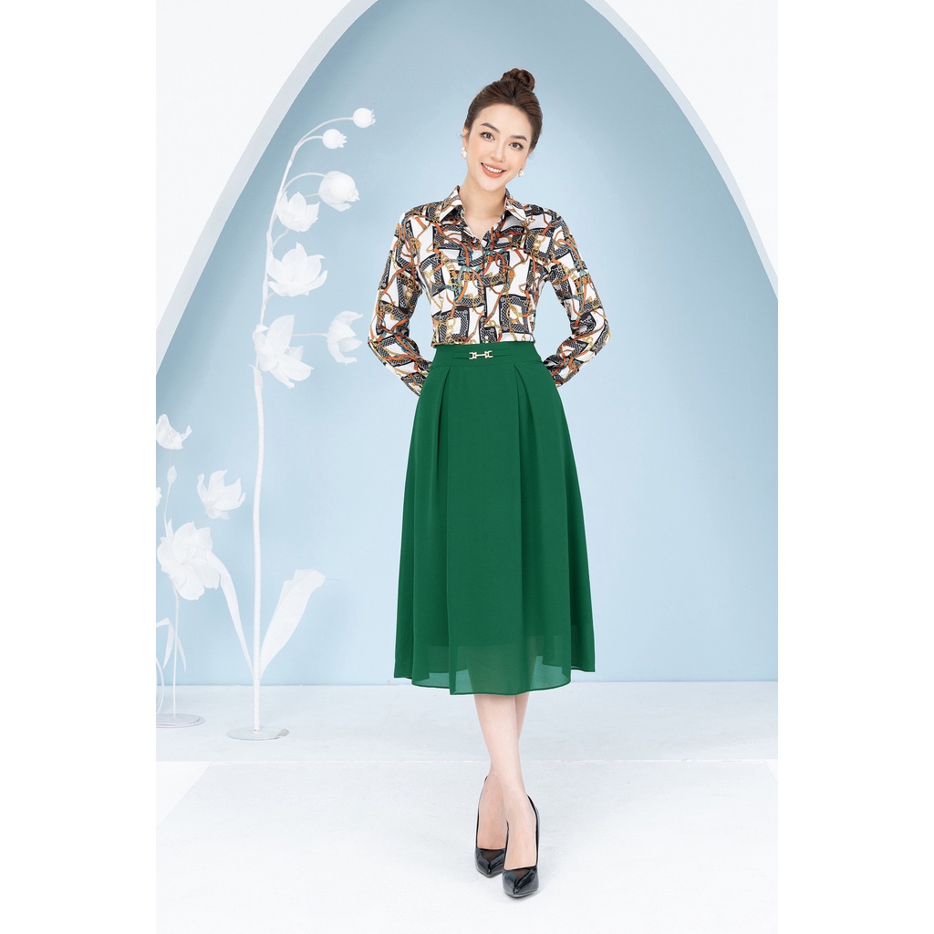 LALULILL - Chân váy dáng A khuyên eo chiffon xanh lá