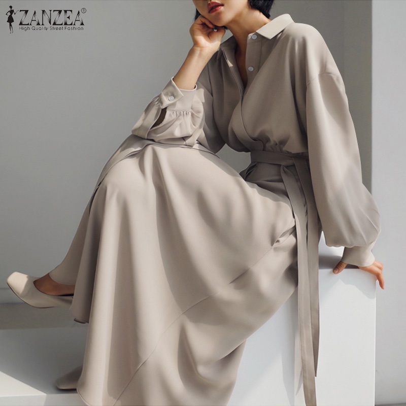 Đầm ZANZEA dài tay dáng mỏng phối một hàng nút cài với dây buộc thời trang Hàn Quốc thanh lịch