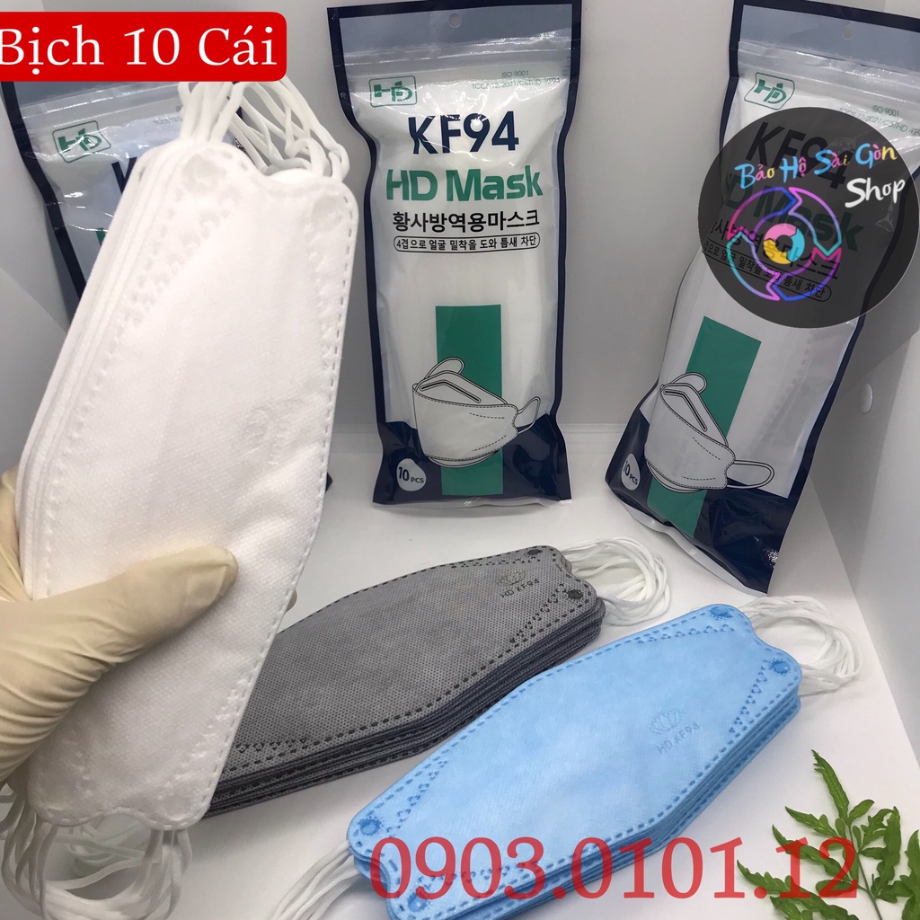 Khẩu trang kf94 chính hãng HD, 4d mask Cao Cấp 4 lớp kháng khuẩn nẹp kẽm không xổ lông không gây ngứa (bịch 10 cái)