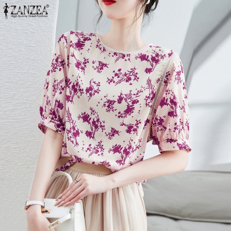 Áo ZANZEA tay lửng cổ tròn phối ren thời trang cho nữ