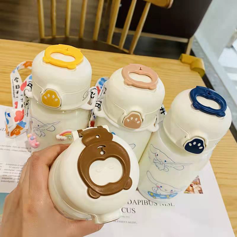 Bình Nước 480ml Trong Suốt Chống Rò Rỉ Kèm Ống Hút Họa Tiết Hoạt Hình Dễ Thương Cho Học Sinh