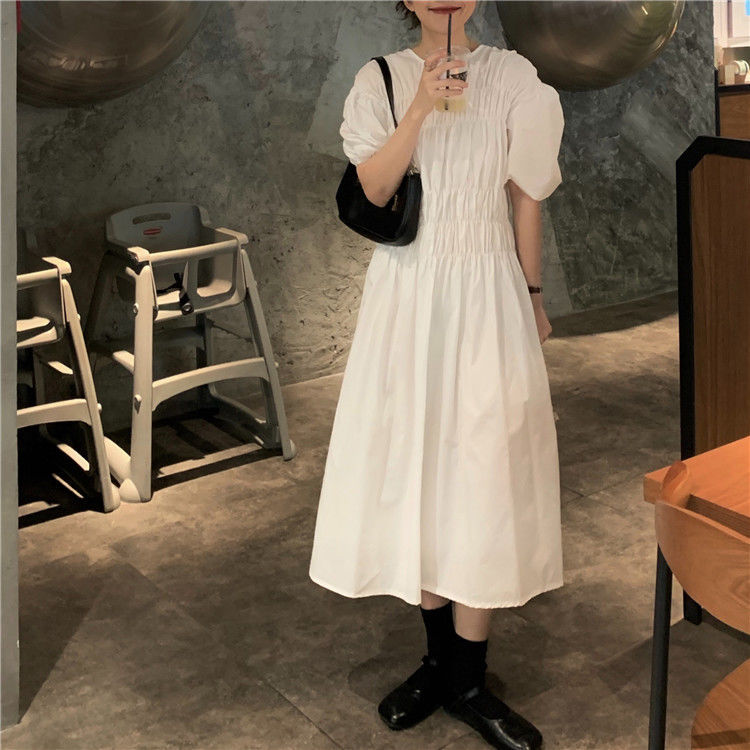 Đầm tay ngắn cổ tròn dáng ôm màu sắc đơn giản trẻ trung phong cách nhật bản