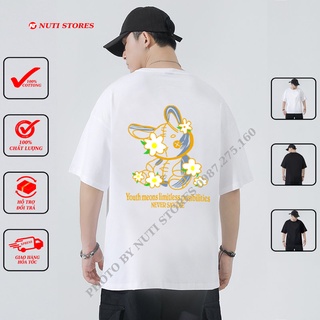 Áo thun tay lỡ - áo phông unisex Nam nữ oversize - Gấu Teddy hoa trắng