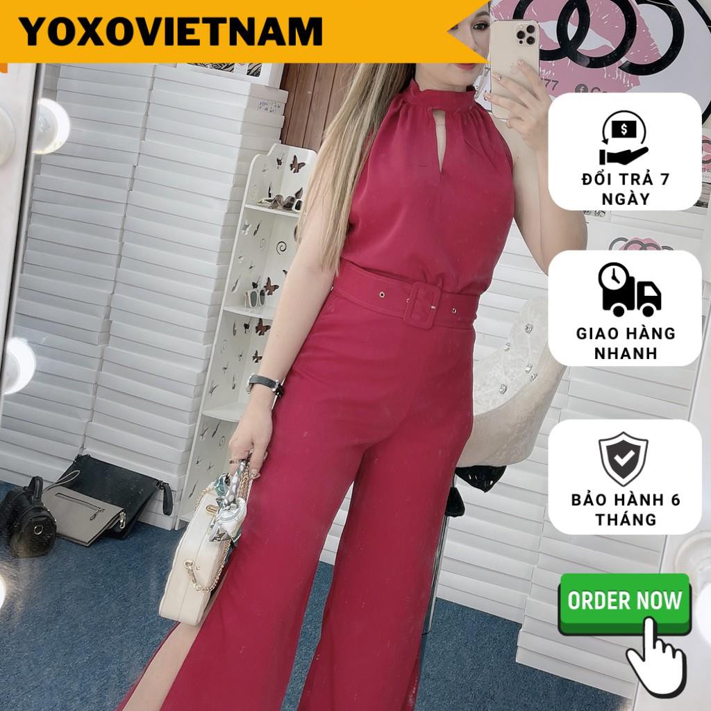 Set khoét cổ yếm quần xẻ tà +quàn ống suông kèm thắt lưng sang chảnh màu đỏ - LS21
