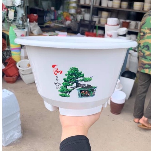 (30x17cm) Chậu nhựa tròn loe có chân in họa tiết hoa 3D siêu đẹp, dày dặn, không phai (LDM30)