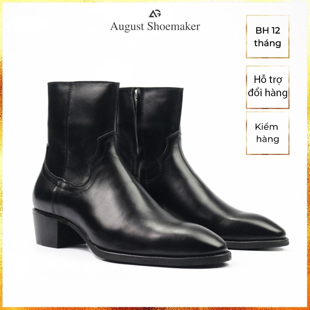 Giày Zip boots da bò cao cấp nhập khẩu, Handmade August Shoes ZIP21D đế cao 5cm chính hãng bảo hành 12 tháng