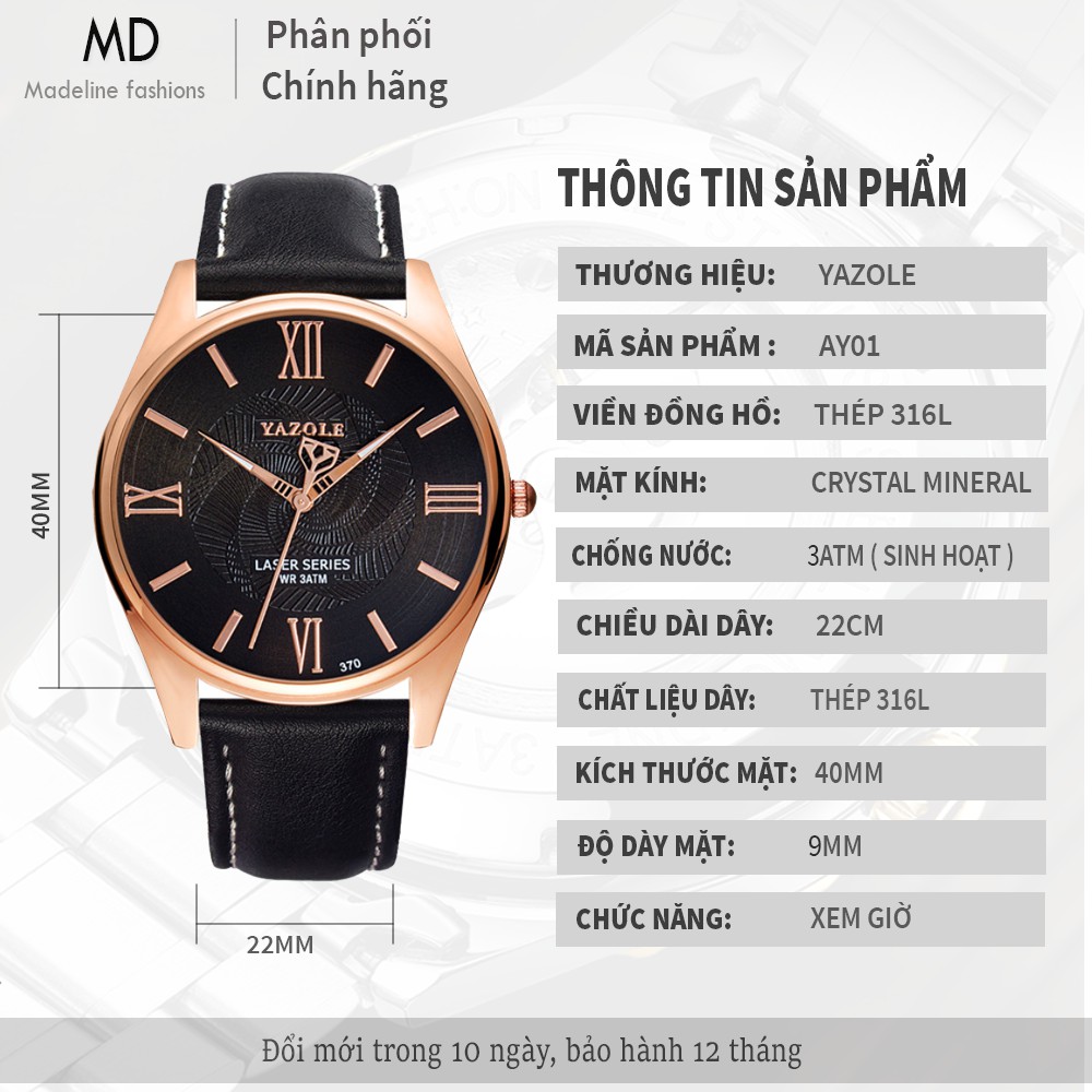 Đồng hồ nam dây da chính hãng YAZOLE tuyệt đẹp, lên tay sang trọng chắc chắn, chống nước tốt ( Mã: YA01 ) | BigBuy360 - bigbuy360.vn