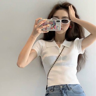 Áo len mỏng cộc tay cổ bẻ cúc ngực