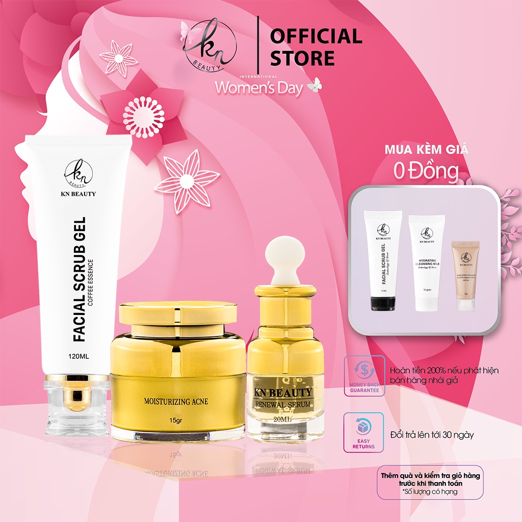 Bộ 3 bước Ngừa mụn Trắng Da KN Beauty: Gel tẩy tế bào chết + serum + kem dưỡng tặng set mini