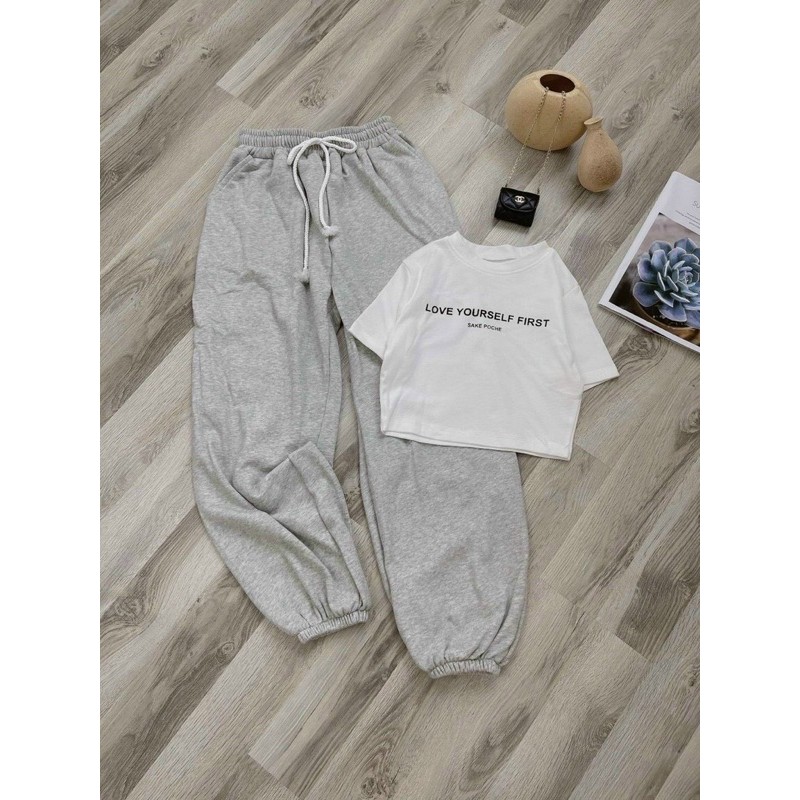 Set tt áo trắng + quần jogger xám