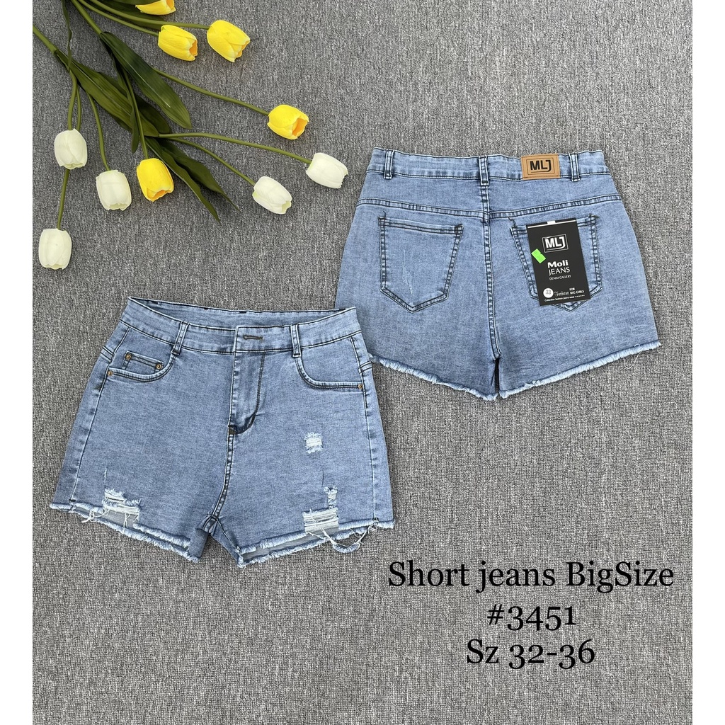 Quần short jean nữ BigSize lưng cao trên rốn, co dãn mạnh, tua lai, màu xanh nhạt rách kiểu dành cho người mập 3451 MLJ