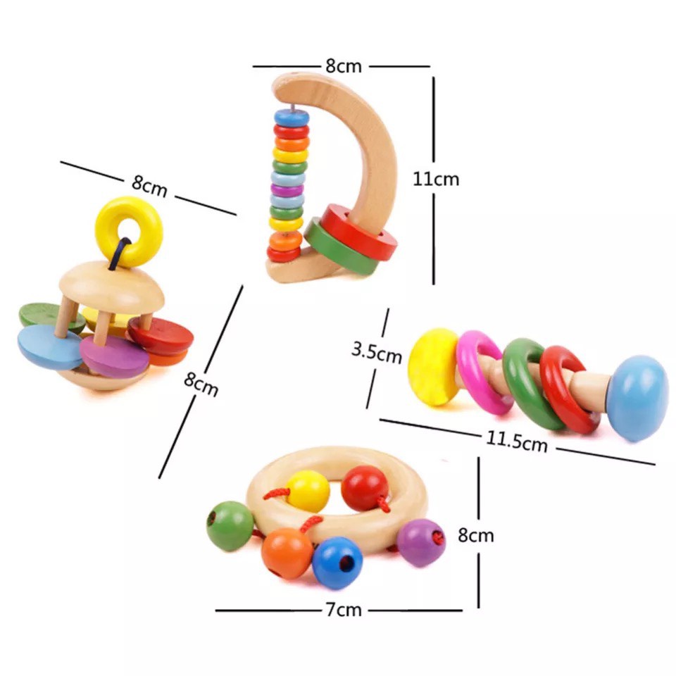 Combo 5 Món Xúc Xắc, Lục Lạc Bằng Gỗ Cho Trẻ Sơ Sinh Luyện Tập Khả Năng Cầm Nắm,Màu Sắc Bắt Mắt,Âm Thanh Vui Tai