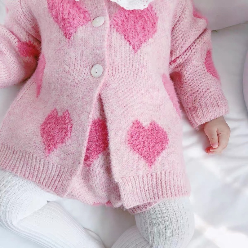 Bộ yếm len lông cừu và áo khoác cardigan họa tiết trái tim dành cho bé gái HÀNG CAO CÂP LOẠI 1