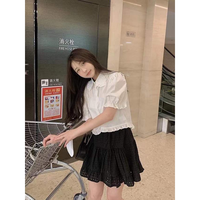 Áo Sơ Mi Trắng Ngắn Cổ Búp Bê Phối Bèo Phong Cách Pháp Ngọt Ngào Thời Trang Mùa Hè Cho Nữ