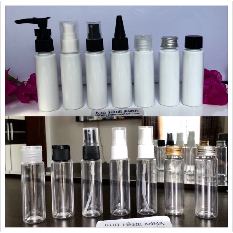 CHAI TRẮNG TRONG 30ml nhỏ thon dài - Chai nhựa Pet xịt nhỏ giọt/ xịt sương , vòi nhấn pumb, nắp bật, nắp nhôm, nhọn