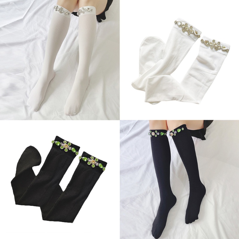 Xiangbao Vớ Dài Đến Đầu Gối Kẻ Sọc Pha Lê Nhân Tạo Nhiều Màu Phong Cách Lolita Mùa Hè Cho Nữ