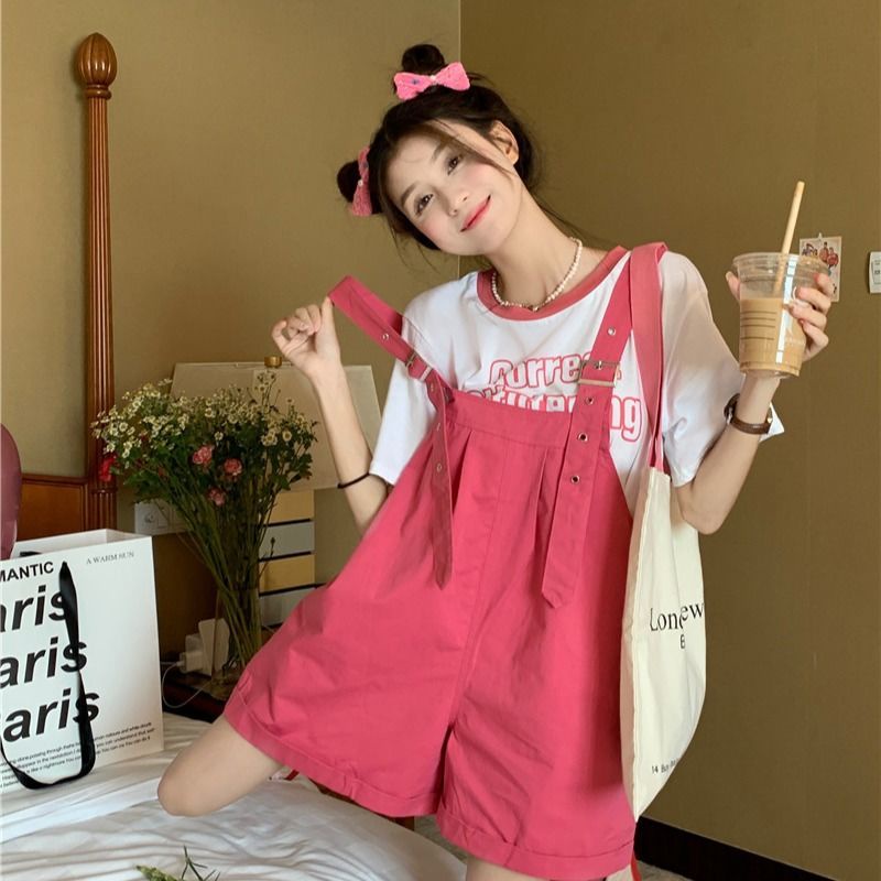 Bộ Áo Thun Dáng Rộng In Họa Tiết + Quần Short Một Mảnh Phong Cách Hàn Quốc Thời Trang Mùa Hè Cho Nữ Sinh