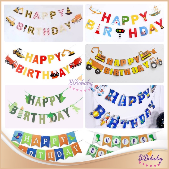 Dây chữ Happy birthday theo chủ đề phi hành gia, khủng long, xe công trình cho bé trai - BiBo baby