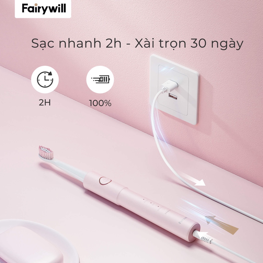 Bàn chải điện Fairywill E11 + 8 Đầu bàn chải + Hộp du lịch - 5 Chế độ Đánh răng và Làm trắng [12 tháng 1 đổi 1]