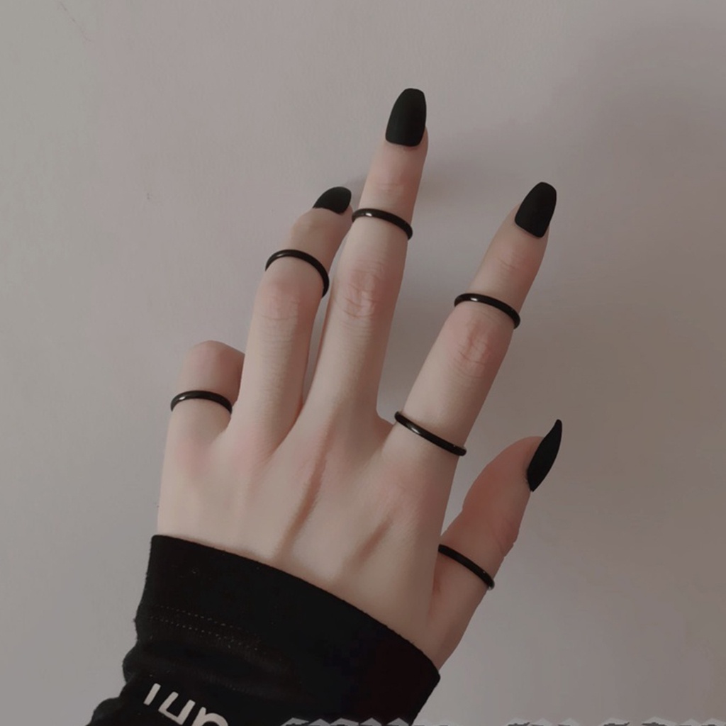 Bộ 5 Nhẫn Thép Titan Màu Đen Không Phai Màu Bóng Tròn Nhỏ Tối Giản Cho Nữ