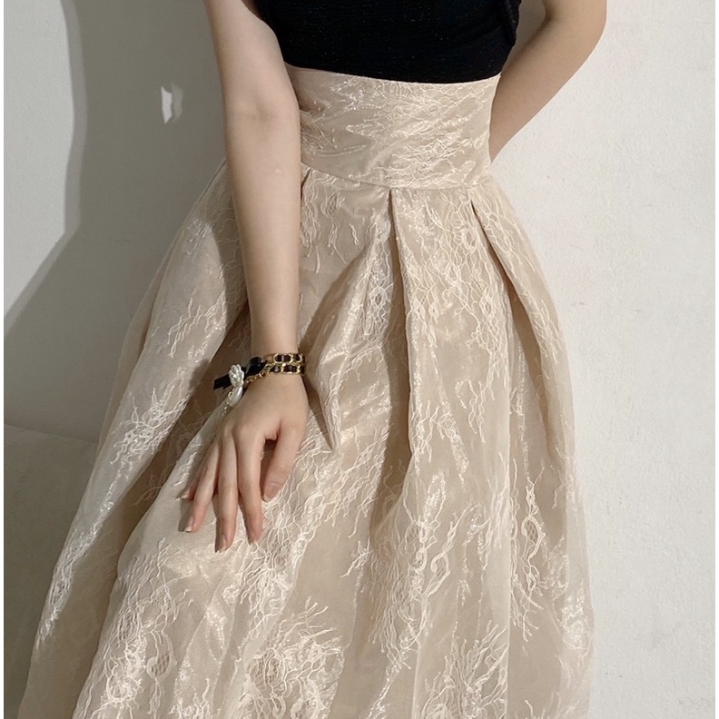 Chân váy nữ ONIS skirt  2 lớp midi REN 3D cao cấp H.I.U Fashion , thiết kế dáng dài hồng nude HIU design