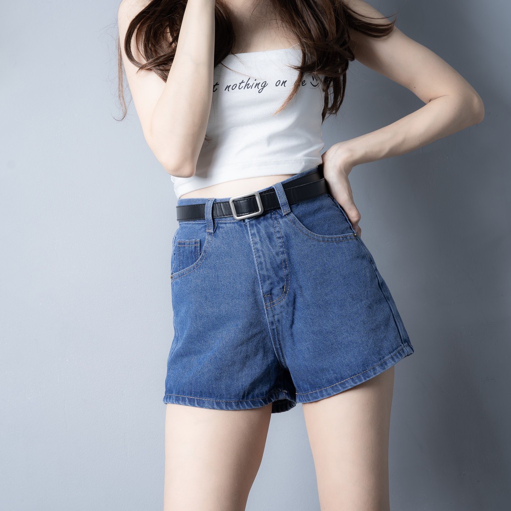 Quần Short Jeans Nữ Lưng Cao Lai Cuốn Trơn Màu Xanh Đậm