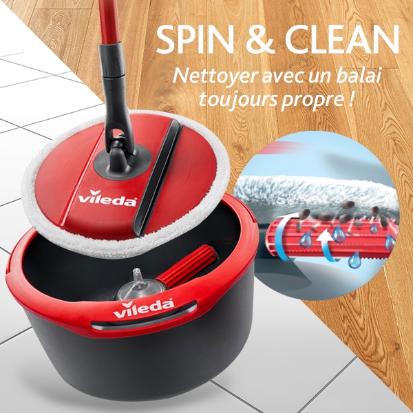 Cây lau nhà VILEDA Spin &amp; Clean đầu lau đĩa tròn, xô giặt xoay 360 độ nhập khẩu Đức