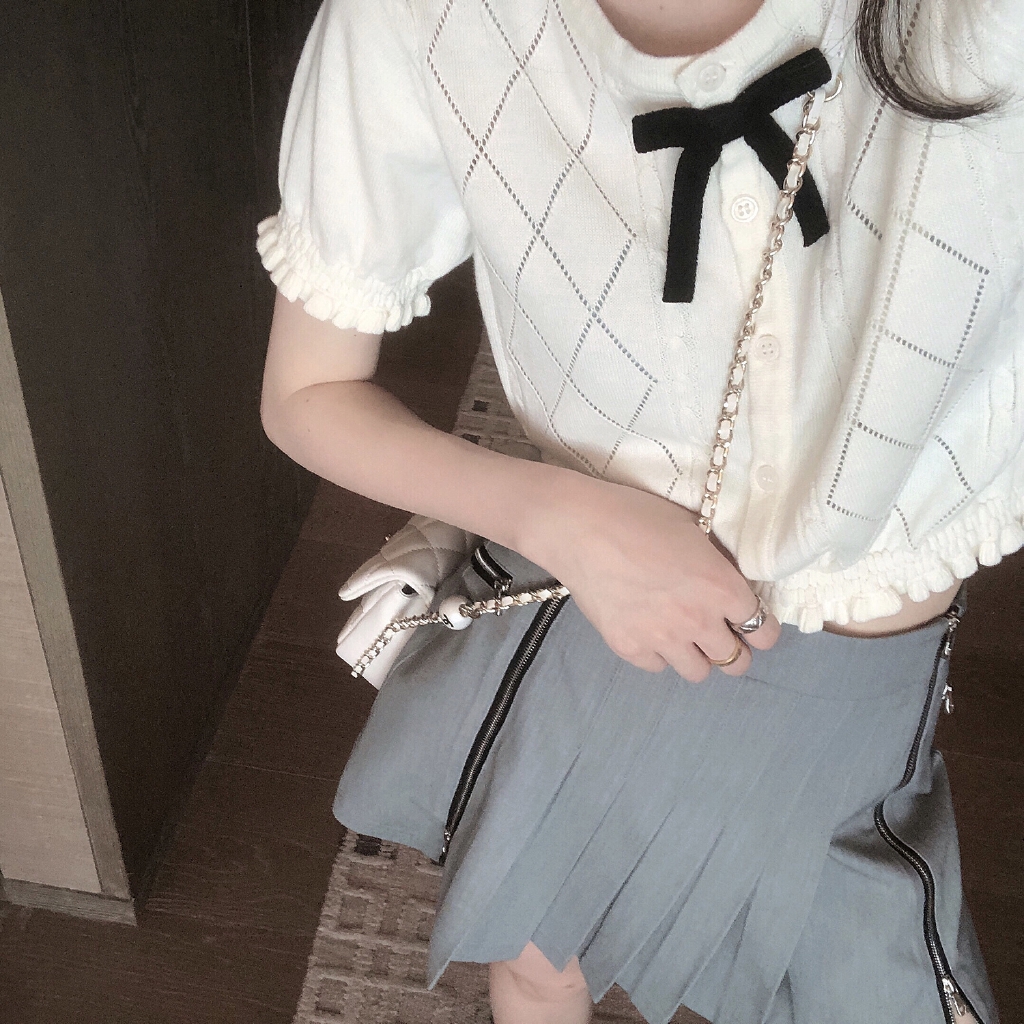 SUXI Áo Dệt Kim Tay Ngắn Phối Nơ Đáng Yêu Cho Phái Nữ