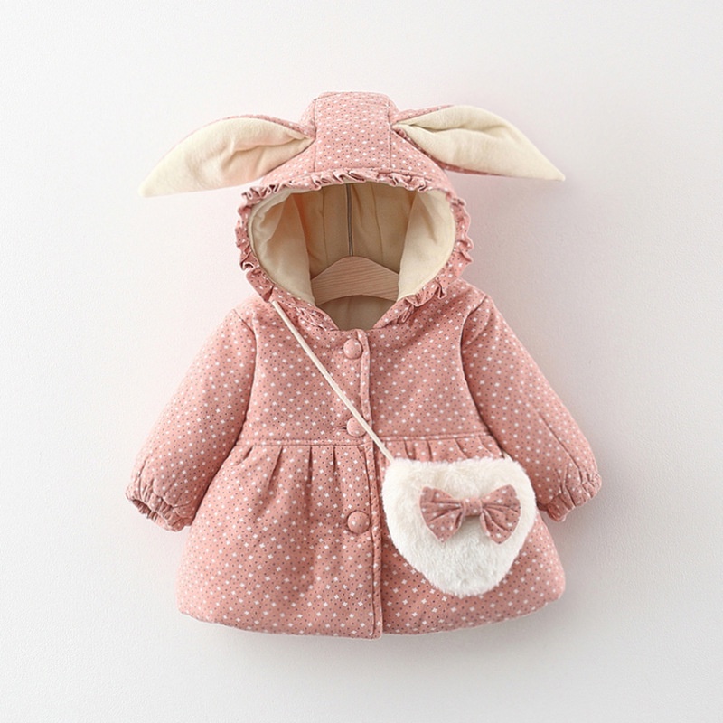 Áo Khoác Mùa Đông Bằng Vải Cotton Hình Tai Thỏ Dễ Thương Có Túi Cho Bé Gái 6 Tháng-3 Tuổi
