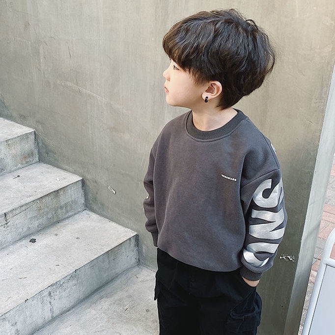 Áo sweater phối lông cừu dày dặn in họa tiết phong cách Hàn Quốc cá tính thời trang thu đông cho trẻ em