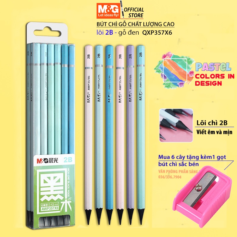 Bút chì gỗ cao cấp Pazto màu vỏ pastel QWP 357X6 gỗ đen, lõi 2B chính hãng M&G