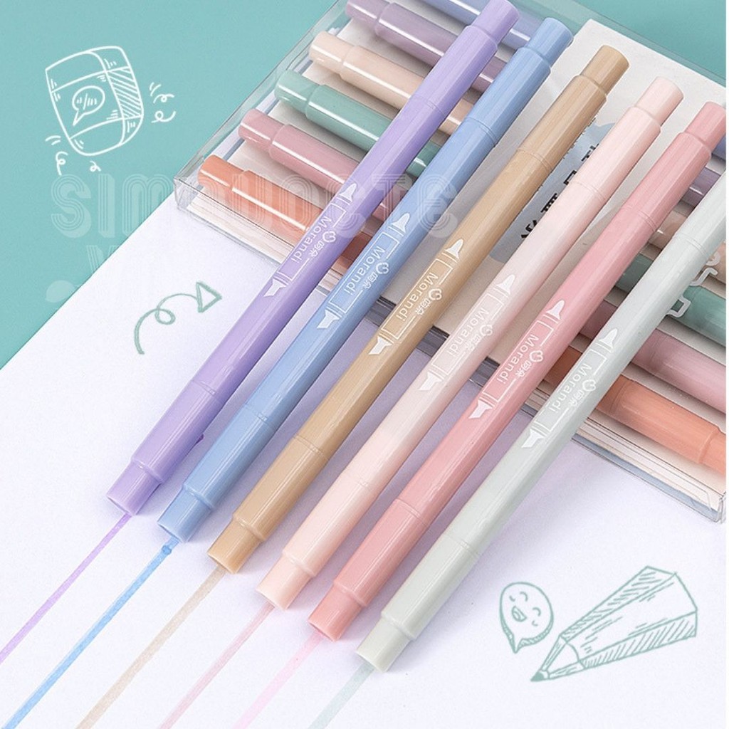 Bộ 6 bút lông màu có 2 đầu highlight và đầu nhọn màu pastel dễ thương ST189