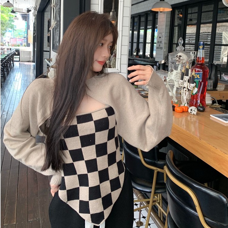 Set áo khoác và áo khoác tay dài họa tiết ca rô nhiều màu sắc thời trang dành cho nữ