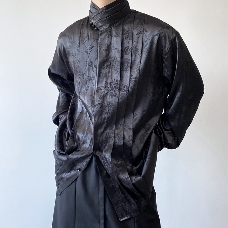 Áo Sơ Mi Vải Jacquard Satin Cao Cấp Tay Dài Cổ Cao Xếp Ly Cài Nút Ngọc Trai Tùy Chỉnh Thiết Kế Thời Trang Mùa Thu Cho Nam