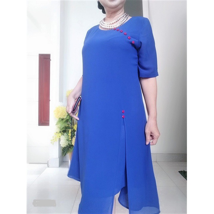 Đủ Size 50 - 90Kg - Váy Đầm Trung Niên Vải Voan Chiffon 2 Lớp Đính Nút Duyên Dáng - Form A Che Bụng