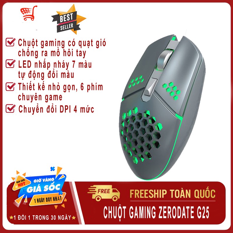 Chuột Gaming có dây ZeroDate G25, chuột tổ ong siêu nhẹ, tích hợp quạt làm mát, 6 nút, 2000 DPI dùng cho PC, laptop