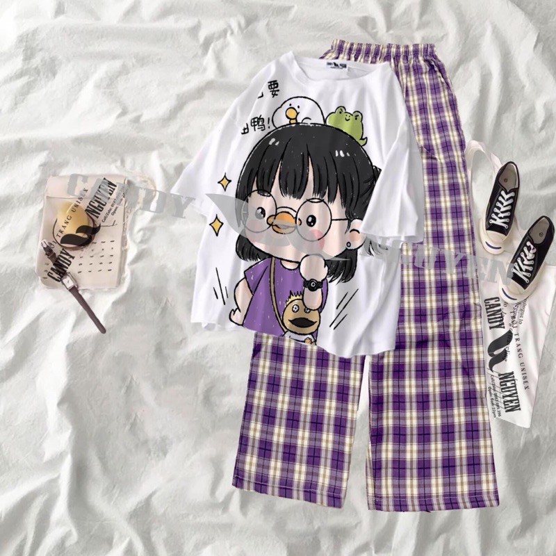 Sét Đồ Bộ Nữ Xinh Cute Quần Caro Kate Ống Rộng Phối Áo Thun Nữ Form Rộng Tay Lỡ Thời Trang Trẻ Teen Hàn Quốc (NHIỀU MẪU)
