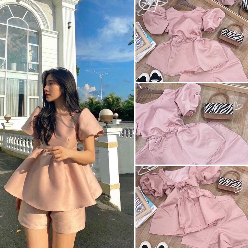 Set đồ đi chơi áo cổ vuông nơ lưng bigsize