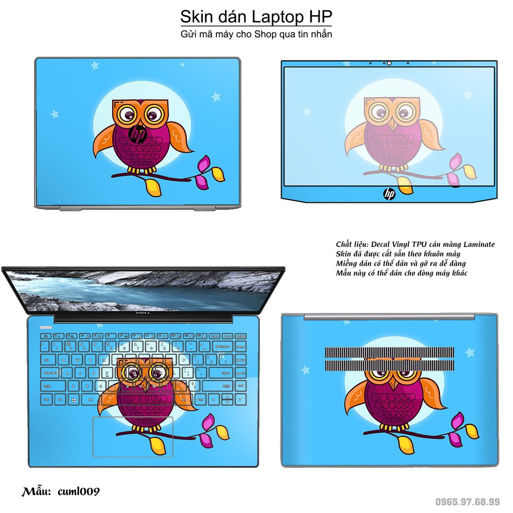 Skin dán Laptop HP in hình Cú mèo (inbox mã máy cho Shop)