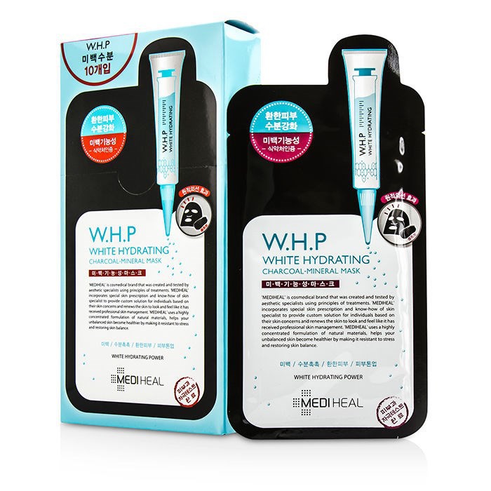 Hộp 10 Miếng Mặt nạ Than hoạt tính Dưỡng Trắng Da Mediheal W.H.P White Hydrating Charcoal-Mineral Mask 25ml x10