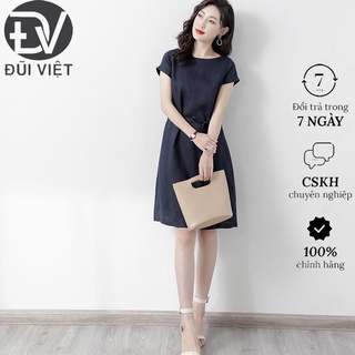Đầm linen suông cổ tròn, dáng suông rộng, kèm dây thắt eo xinh xắn Đũi Việt