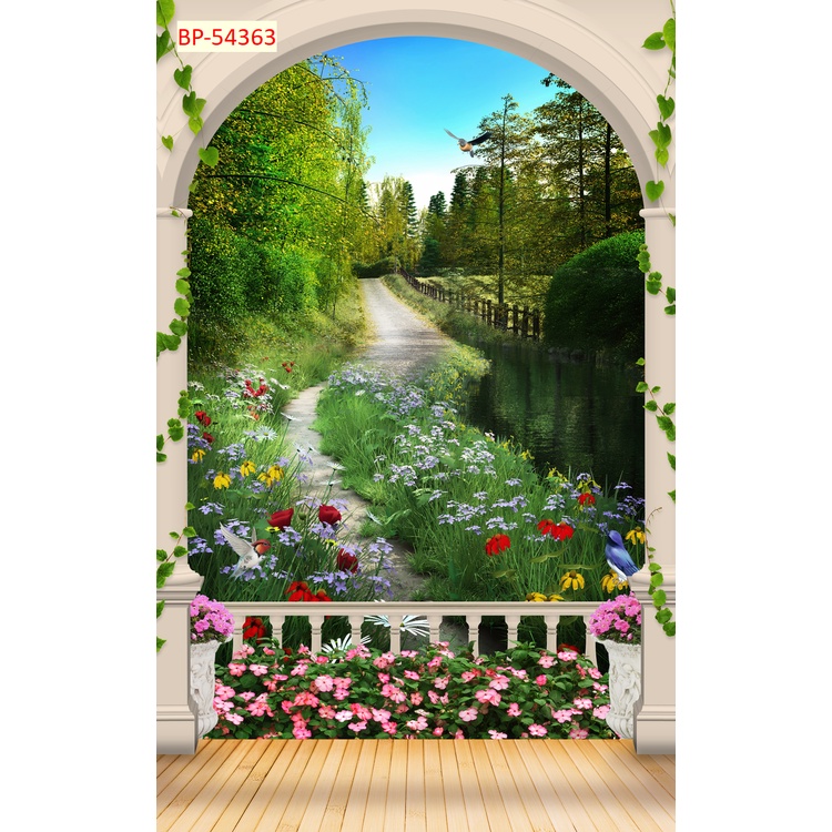 Tranh dán tường 3D khung cửa sổ phong cảnh In Theo Kích Thước Yêu Cầu Có Keo Dán