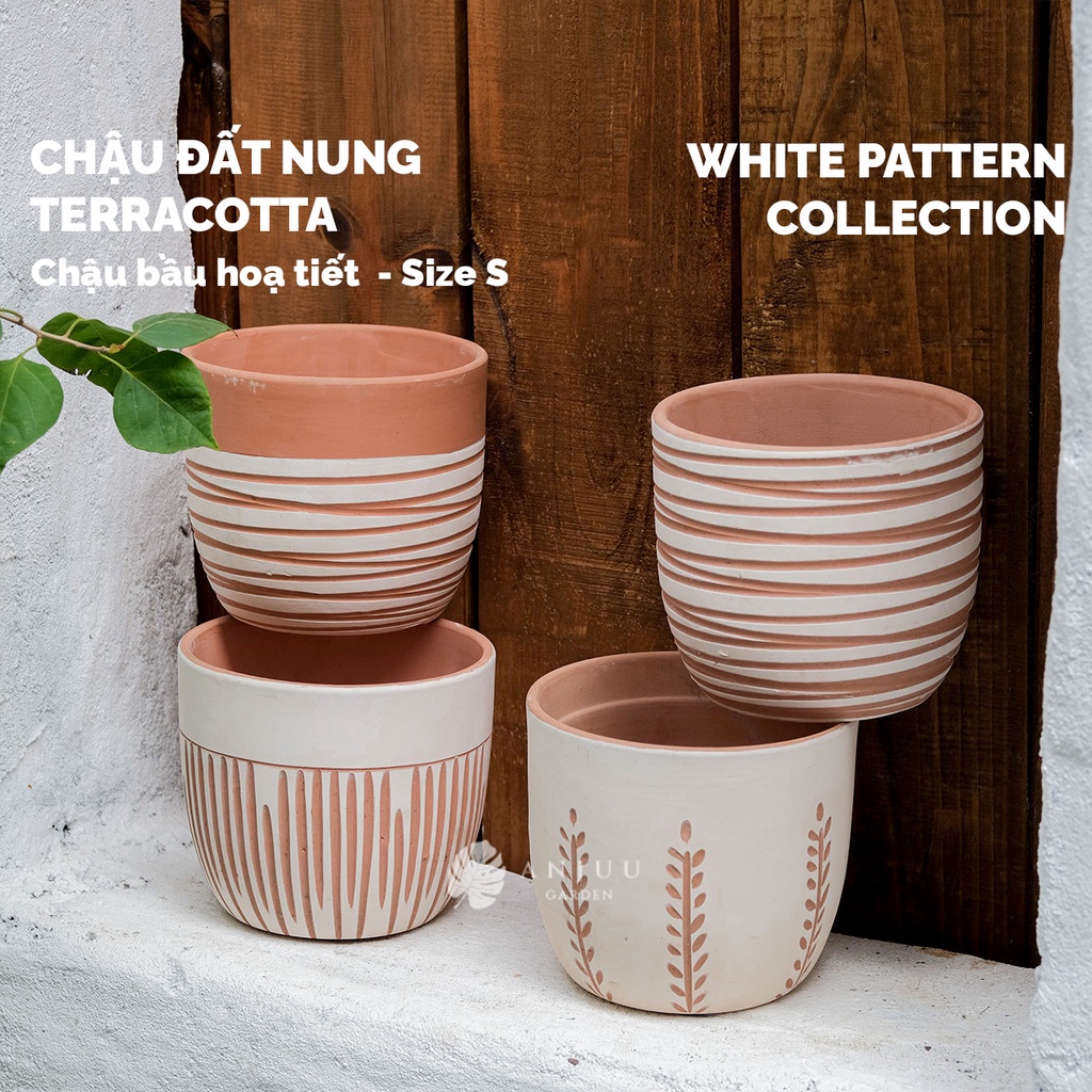 Chậu đất nung bầu hoạ tiết trắng - Hàng xuất khẩu - Size S - Trồng cây cảnh, xương rồng, cây hoa - Ship hỏa tốc