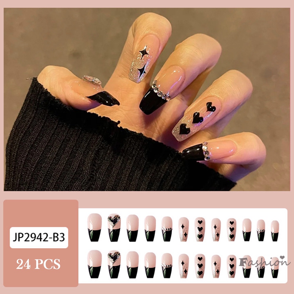 Set 24 Móng Tay Giả Màu Đen Họa Tiết Trái Tim Dễ Thương Bắt Mắt