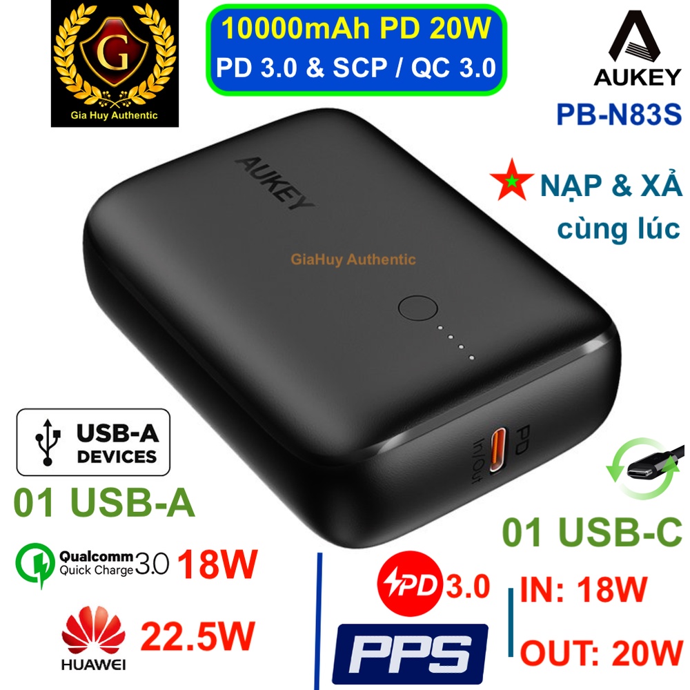 Pin sạc dự phòng iPhone 12 AUKEY Basix Mini PB-N83S 10000mAh 01 USB-C PPS/ PD 3.0 20W &amp; 01 USB-A SCP 22.5W/ QC 3.0 18W