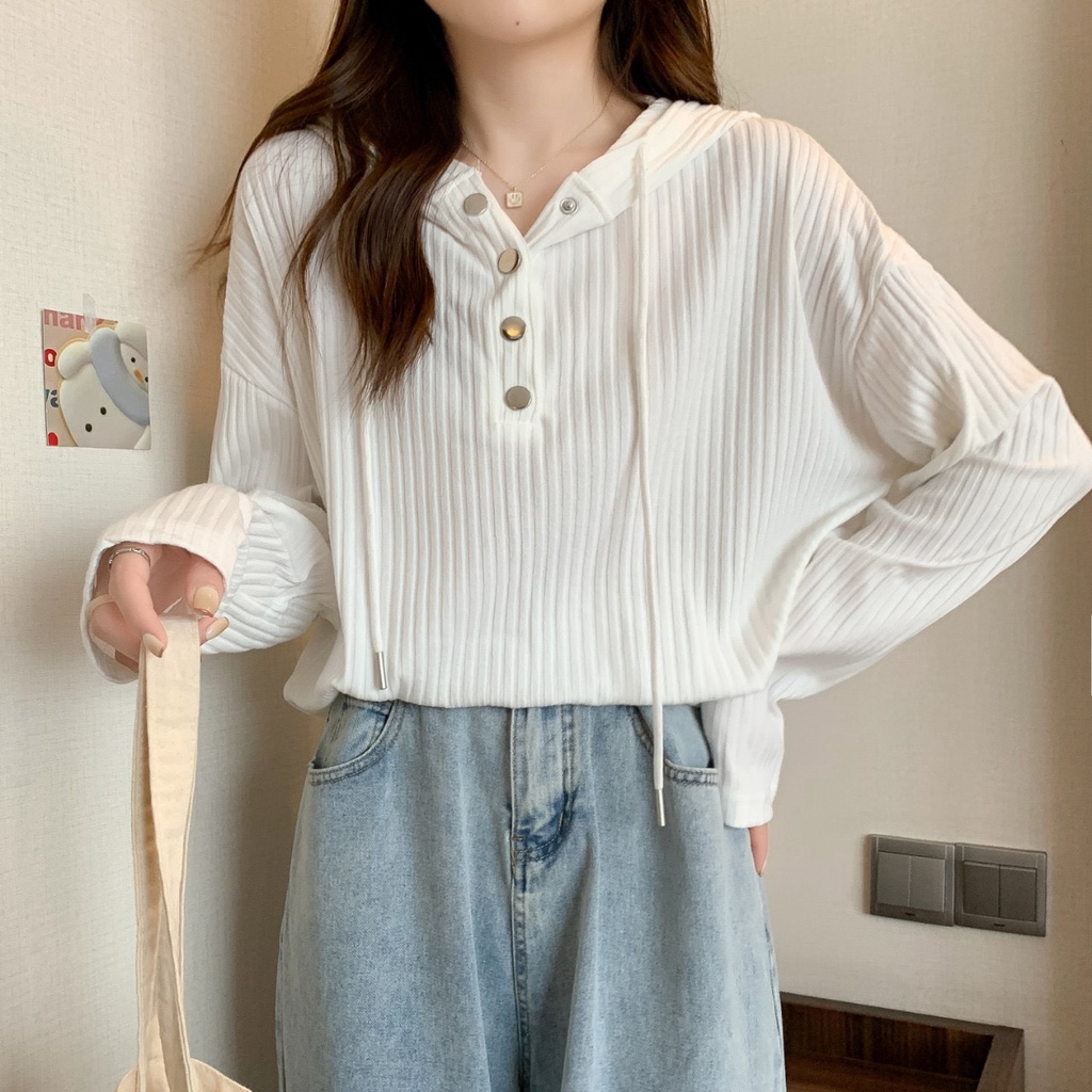 Áo Hoodie Mỏng Vải Nhung Dài Tay Cúc Bấm Kèm Mũ Siêu Xinh