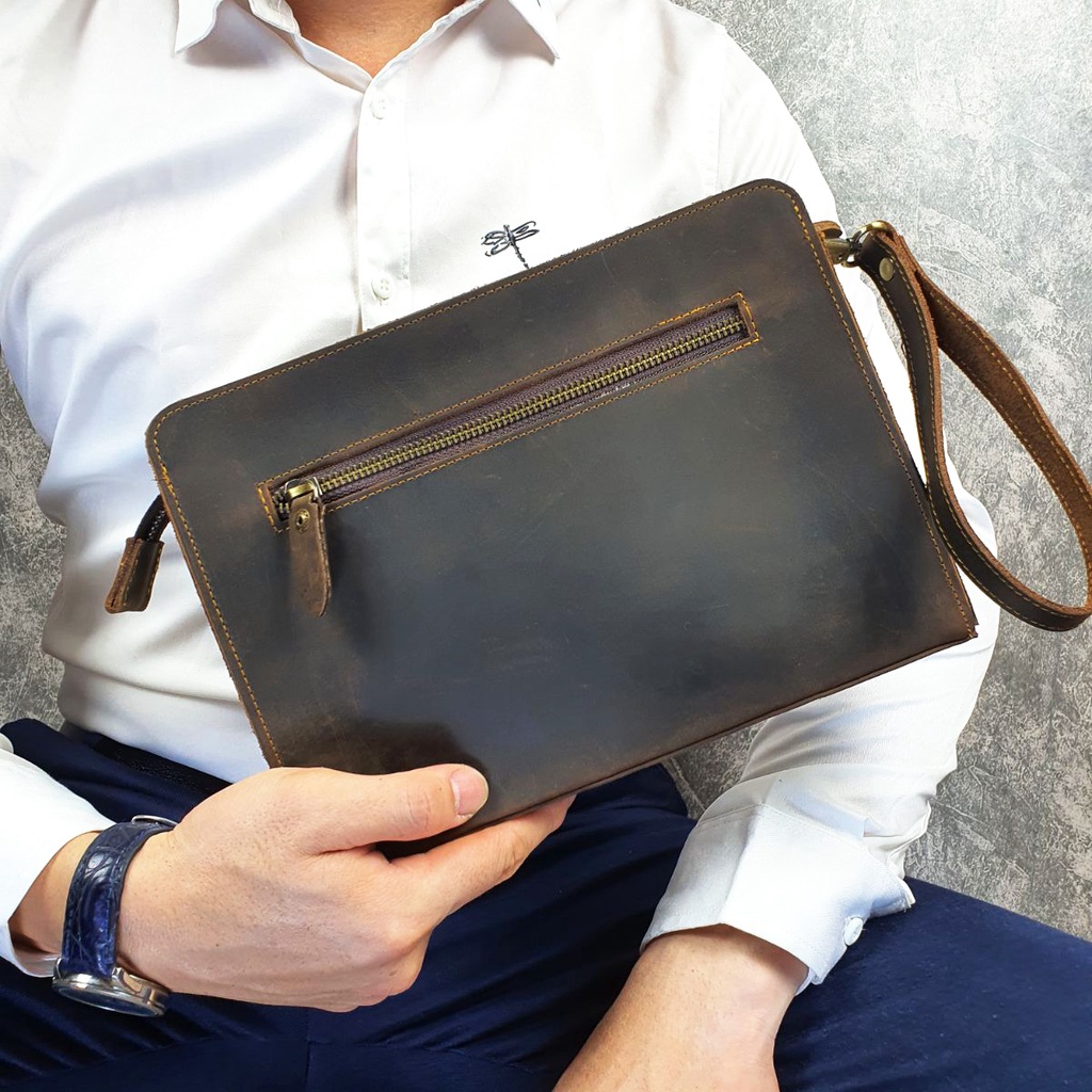 Clutch nam da bò thật; Túi cầm tay nam da sáp CL145LEA  - 100% da bò thật, BH 3 năm