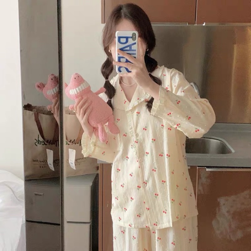 Bộ Pyjama Chất Đũi Xốp Mặc Nhà Hoạ Tiết Dễ Thương Viền Bèo