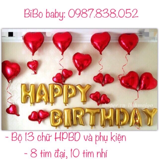 Sét sinh nhật chữ Happy birthday kèm bóng tim