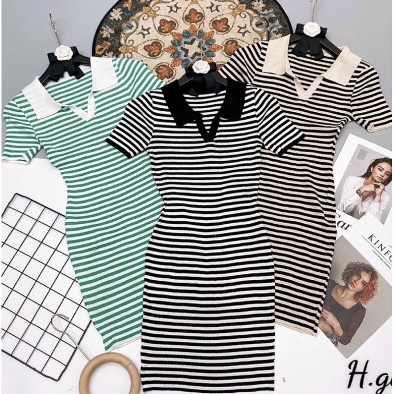 Đầm ôm body cổ polo sọc kẻ ngang ( kèm ảnh thật)